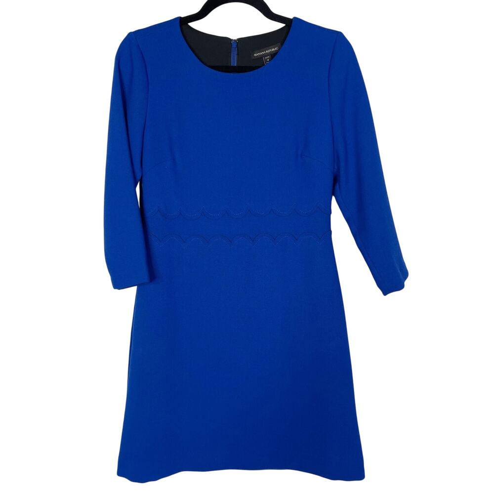 Banana Republic 4P Blue Scalloped Waist Sheath Dress 3/4 Sleeve Double Face